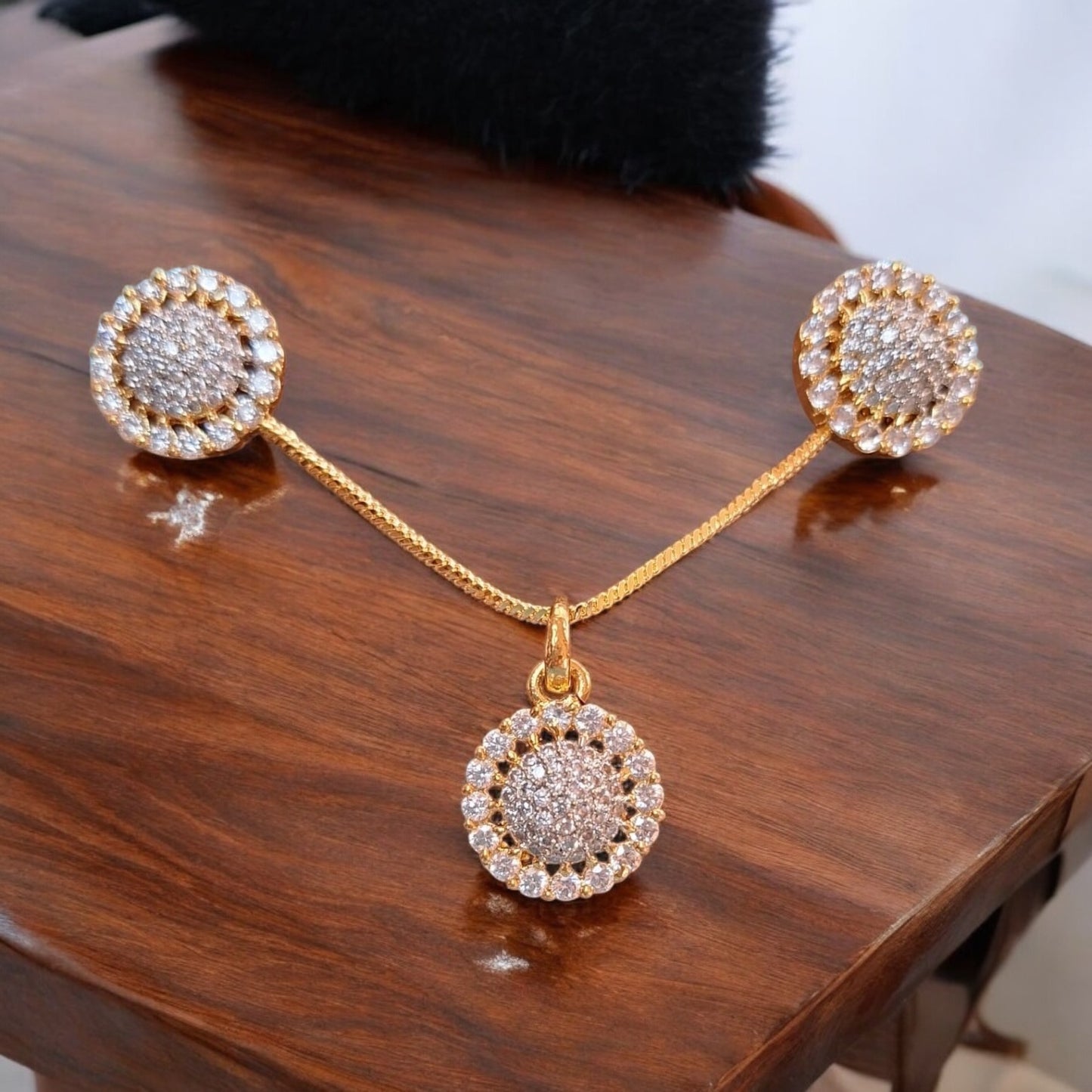 91609-PS-American Diamond Delicate Pendant Set With Gold Plating-Design 1