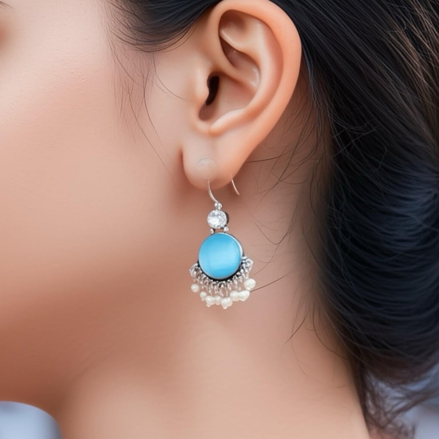 91509-ERO Pretty Precious Fashion Oxidised Silver Stylish Party Wear Earrings for Women and Girls-Aqua