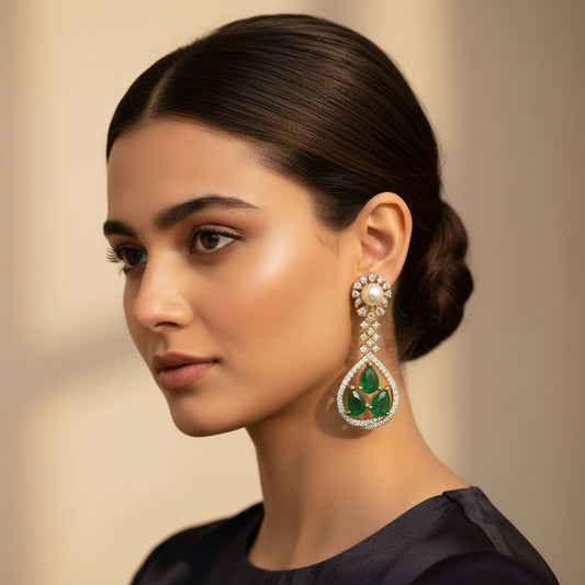 439590 Cz Moti Earring With 2 Tone Plating-Green