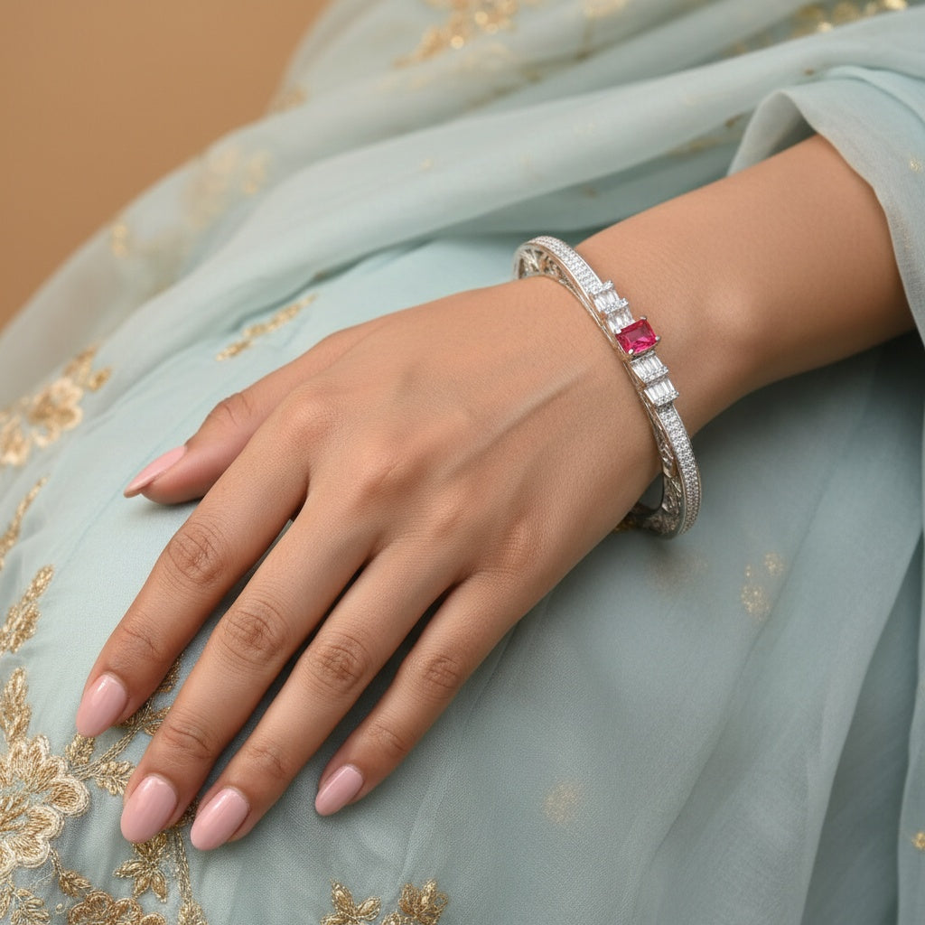 436165 Cubic Zirconia Openable Kada With Rhodium Plating-Rani