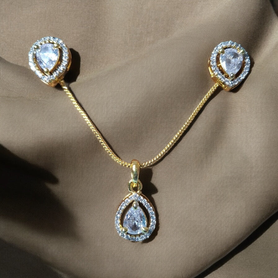 91609-PS-American Diamond Delicate Pendant Set With Gold Plating-Design 5