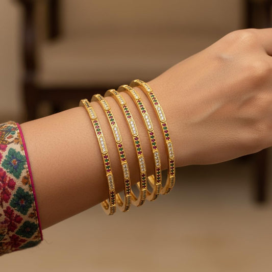 1496-Pretty Precious Gold Plated Cubic Zirconia/American Diamond Traditional Bangles/Bracelet Set of 4 for Women and Girls- Ruby Green (Size 2.4)