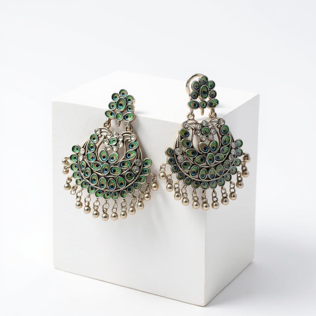 1343-(Design-1)-Pretty Precious Oxidised Silver Peacock Chandbali Earrings for Women, Party Wear Dangle Earrings with Cubic Zirconia Stones, Silver Plating