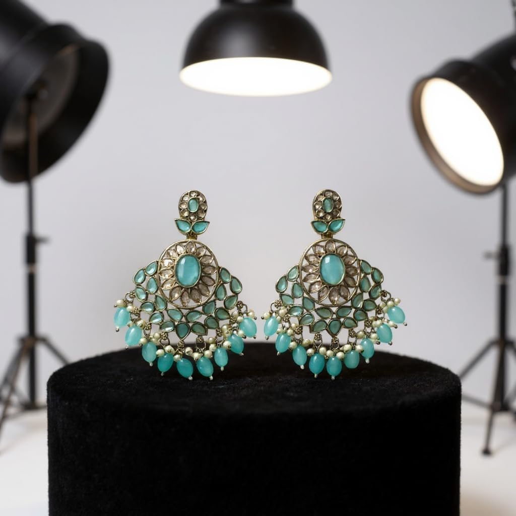 1341-Pretty Precious Traditional Kundan Earring Stylish Party Wear Earrings for Women and Girls-Mehndi Plating Aqua colour