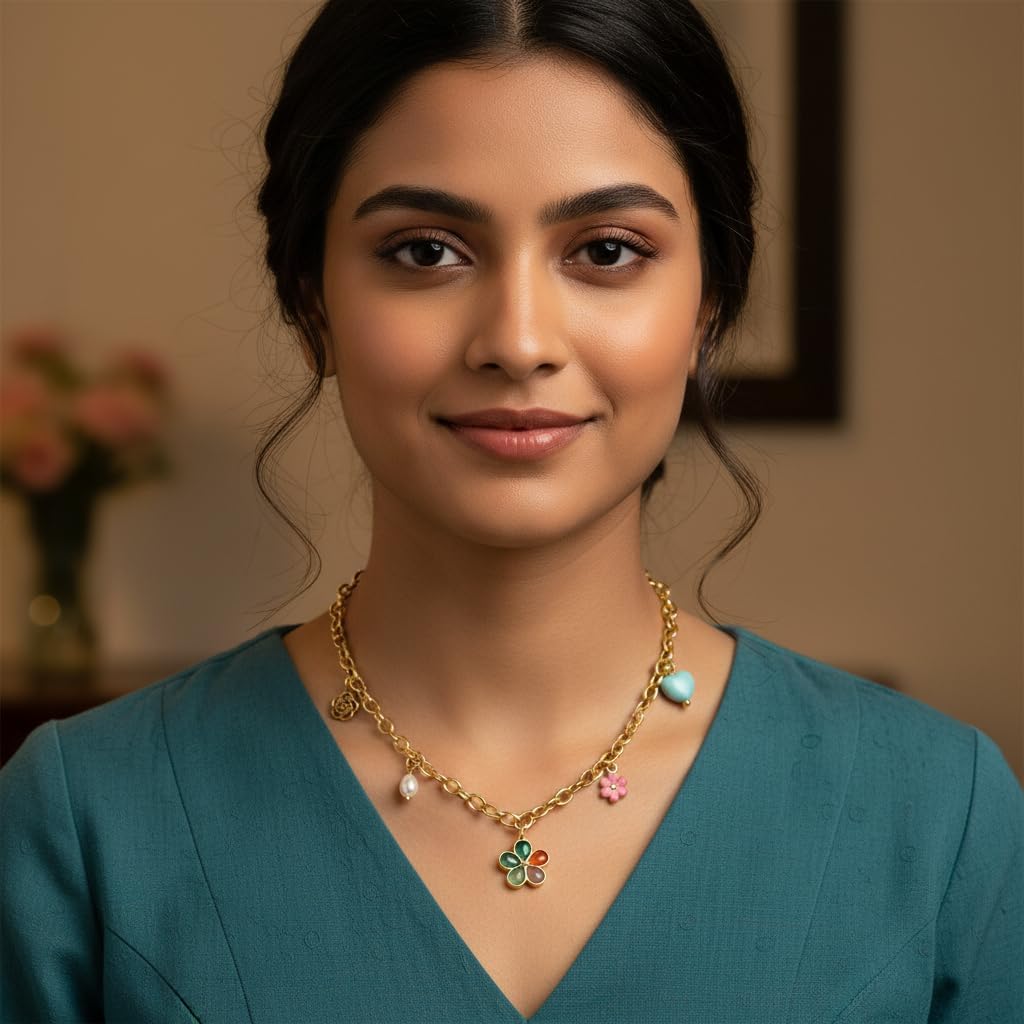 1370-Pretty Precious Gold Chain Necklace with Colorful Flower and Heart Charms, Pearl Accent-Design-5