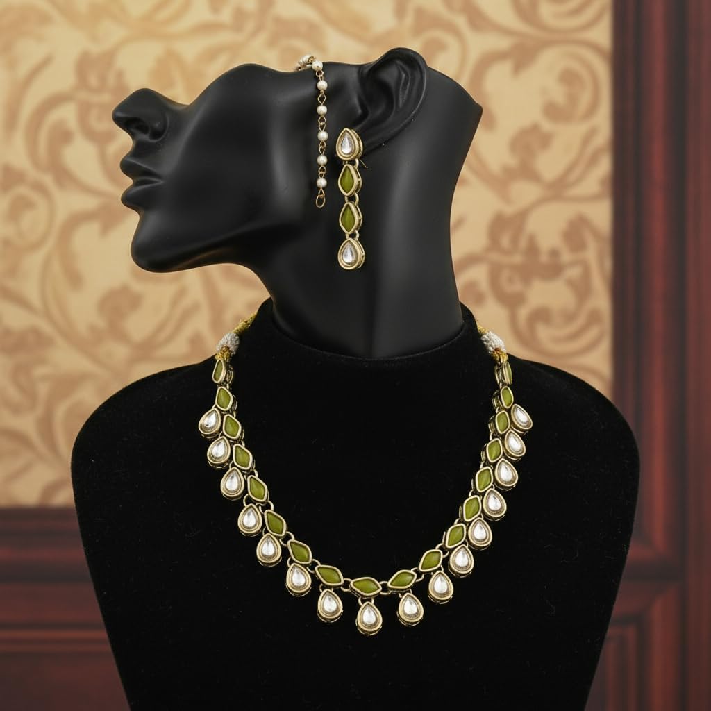 112562-Pretty Precious Kundan Necklace Set with Maang Tikka and Earrings for Women & Girls | Gold Plated Traditional Bridal Jewellery Set | Wedding, Festive & Party Wear-Mehndi