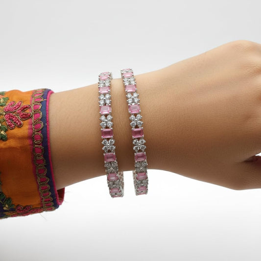 1456-Pretty Precious Rodhium-Plated Cubic Zirconia/American Diamond Traditional Bangles/Bracelet Set of 2 for Women and Girls -Pink (Size 2.8)