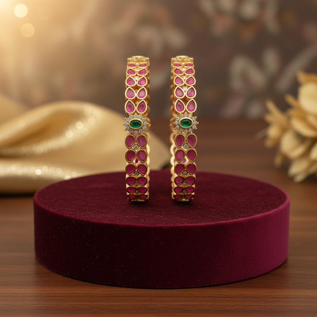 1494-Pretty Precious Gold Plated Cubic Zirconia/American Diamond Traditional Bangles/Bracelet Set of 2 for Women and Girls- Ruby Green (Size 2.6)