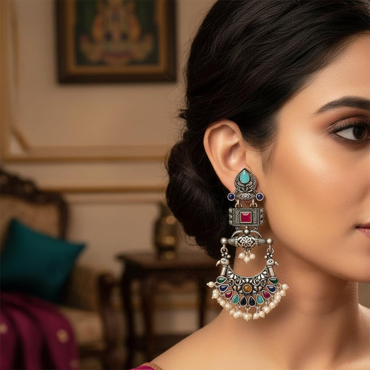 1524-Pretty Precious Oxidised Silver Stylish Party Wear Earrings for Women and Girls-Multicolour with pearl