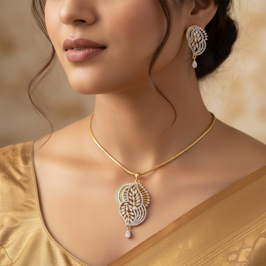 1388-Pretty Precious AD Two Tone Pendant Set for Women | American Diamond Pendant with Earrings & Chain | Elegant Party, Wedding & Daily Wear Jewellery-White