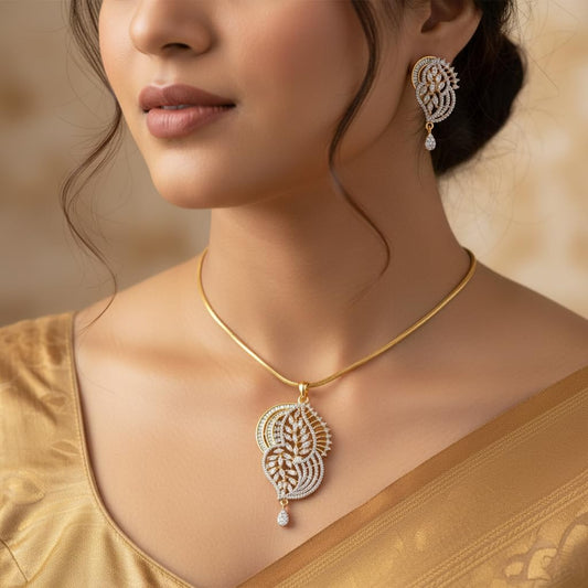 1388-Pretty Precious AD Two Tone Pendant Set for Women | American Diamond Pendant with Earrings & Chain | Elegant Party, Wedding & Daily Wear Jewellery-White