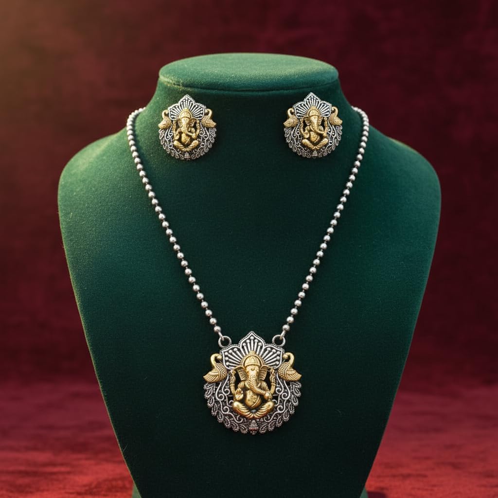 1563-Pretty Precious Latest Stylish Traditional Oxidised Silver Pendant Set for Women & Girls | Ethnic Necklace Jewellery Set for Festive & Casual Wear-Two Tone