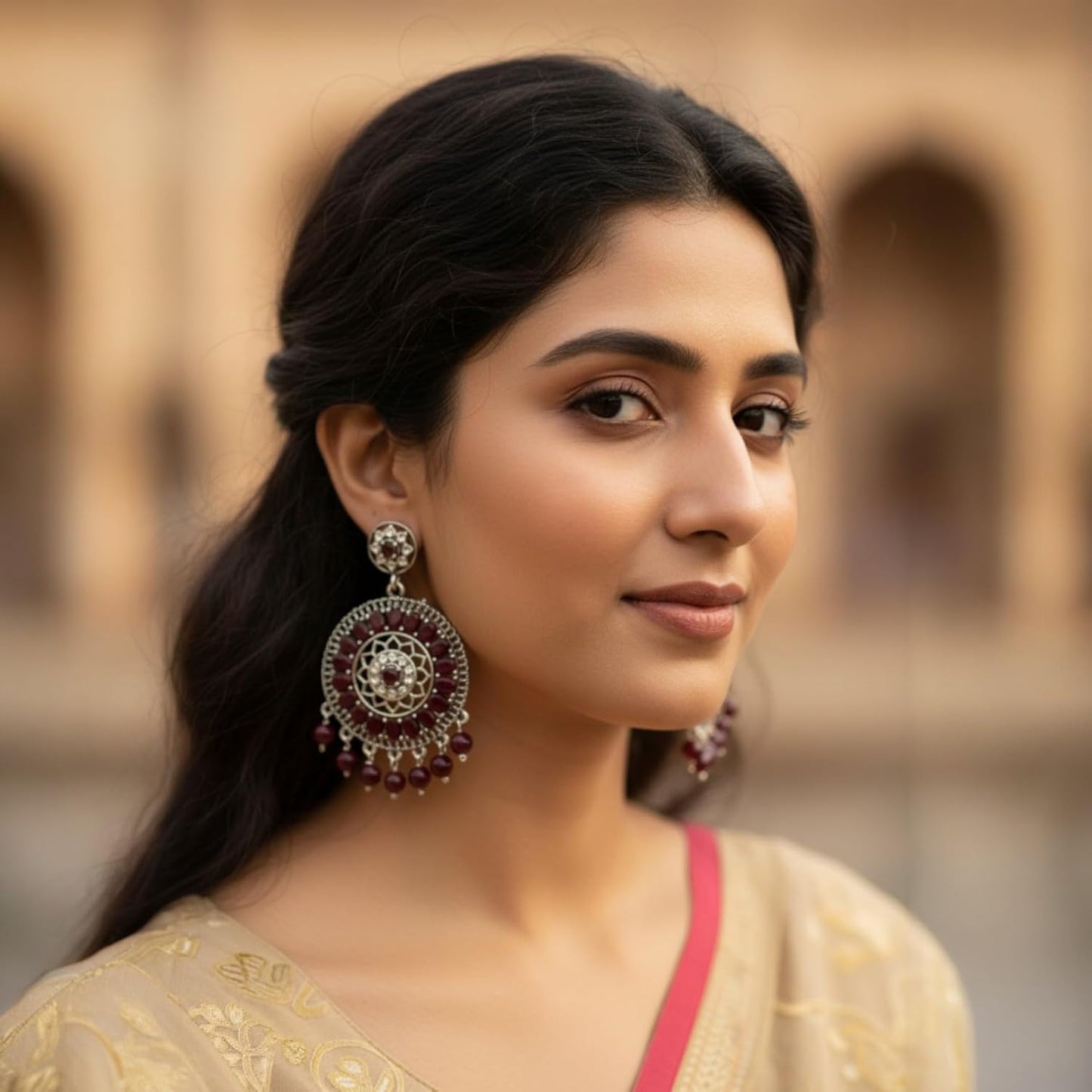 1353-Pretty Precious Oxidised Silver Stylish Party Wear Earrings for Women and Girls-Ruby Colour