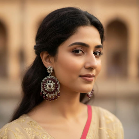 1353-Pretty Precious Oxidised Silver Stylish Party Wear Earrings for Women and Girls-Ruby Colour