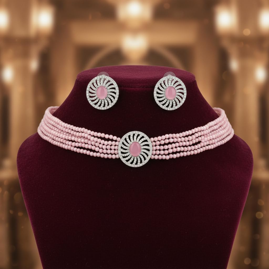 432530-Pretty Precious Beaded Choker Necklace and Earrings Set for Women & Girls | Crystal Accents | Elegant Party & Wedding Jewellery | Statement Fashion Set | Gift for Her-Pink