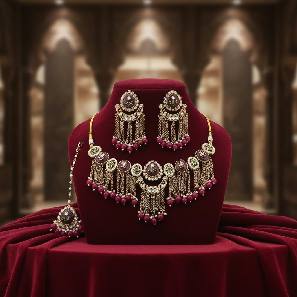 112800-Pretty Precious Kundan Necklace Set with Maang Tikka and Earrings for Women & Girls | Gold Plated Traditional Bridal Jewellery Set | Wedding, Festive & Party Wear-Rani