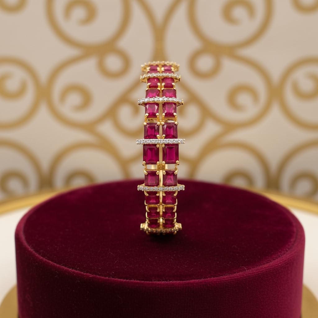 1415-Pretty Precious American Diamond Openable Kada Bracelet for Women, Gold & Silver Plating, Cubic Zirconia, One Size, Party & Wedding-Ruby