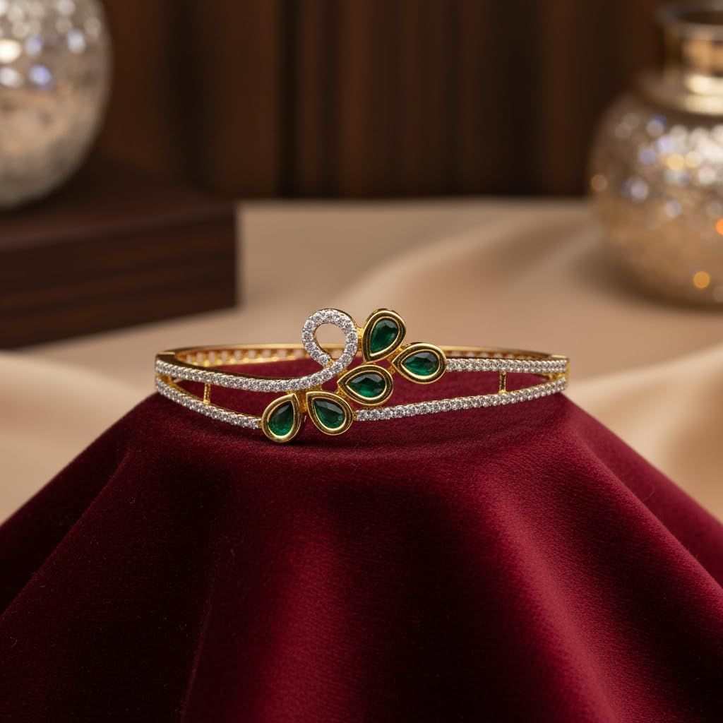 1410-Pretty Precious American Diamond Openable Kada Bracelet for Women, Gold & Silver Plating, Cubic Zirconia, One Size, Party & Wedding-Green