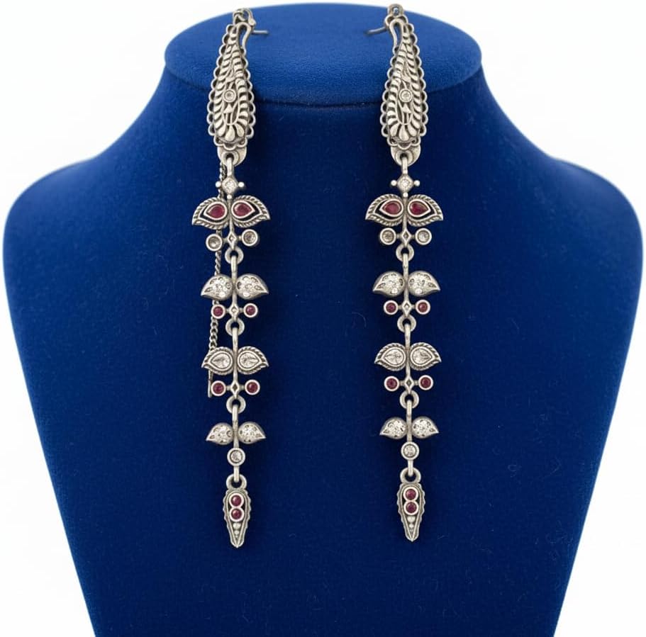 1540-Pretty Precious Oxidised Silver Stylish Party Wear Earrings for Women and Girls-Ruby