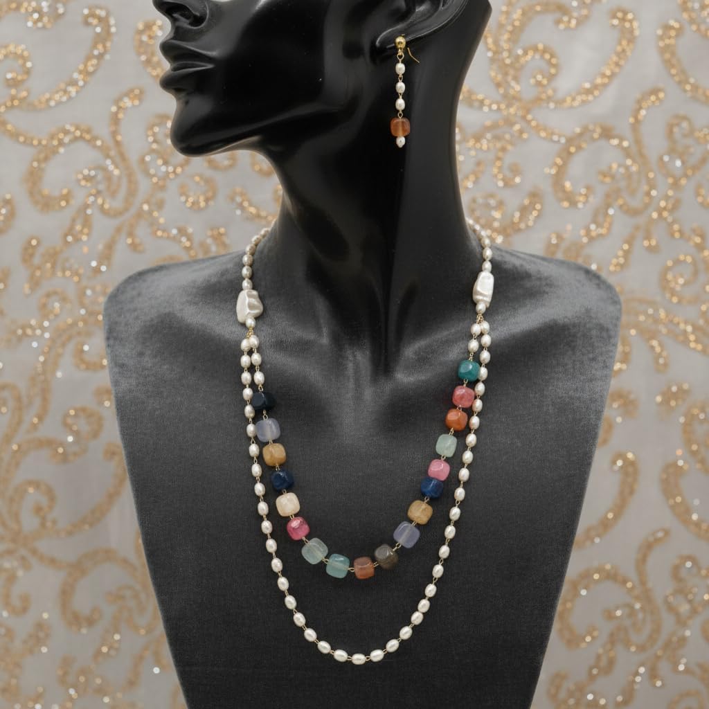 704910-Pretty Precious Layered Pearl Necklace with Multicolour Beads, Double Strand, Baroque Pearls, Matching Earrings Set