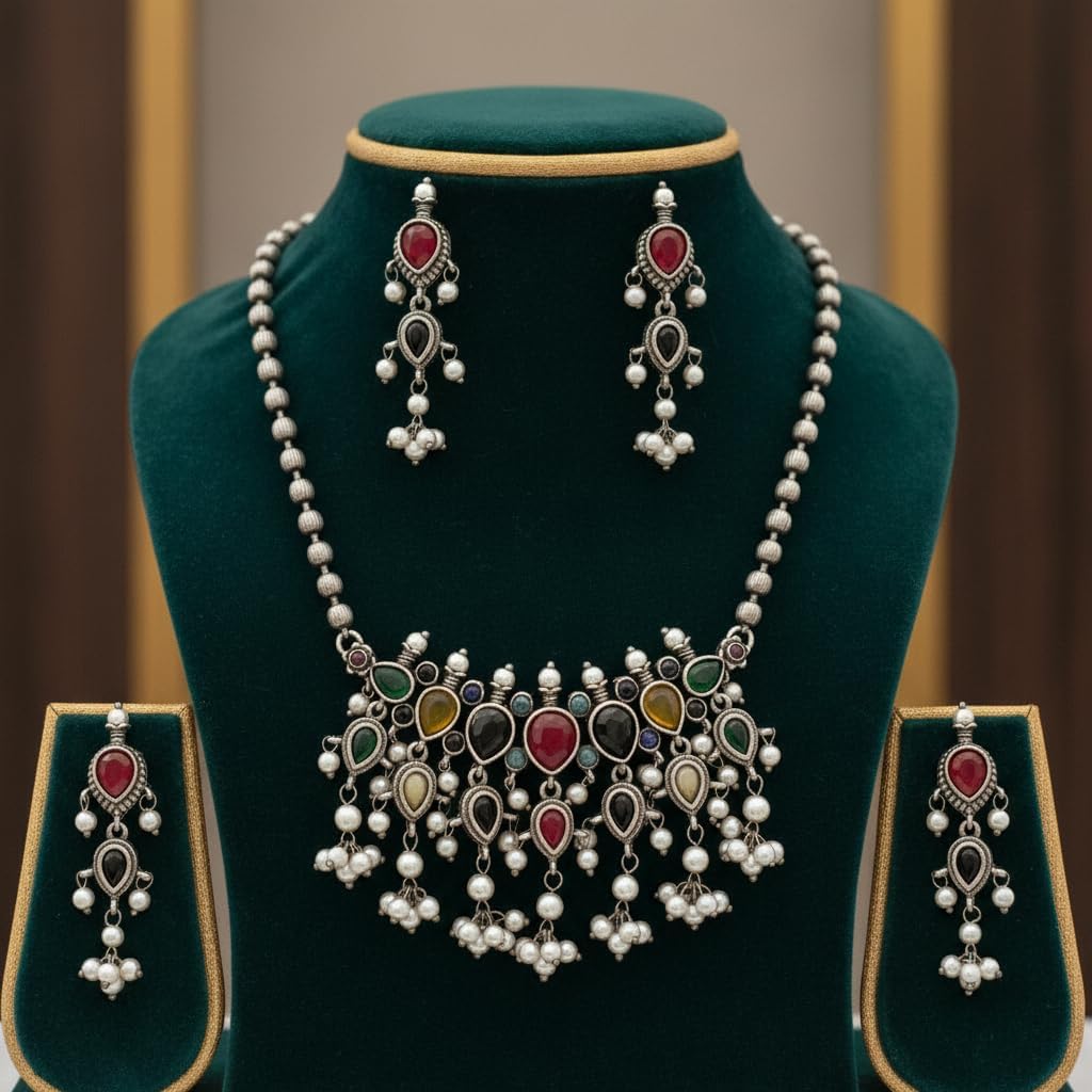 1544-Pretty Precious Latest Stylish Traditional Oxidised Silver Necklace Jewellery Set for Women | Antique Finish Ethnic Necklace with Matching Earrings | Festive & Party Wear-Multi Colour