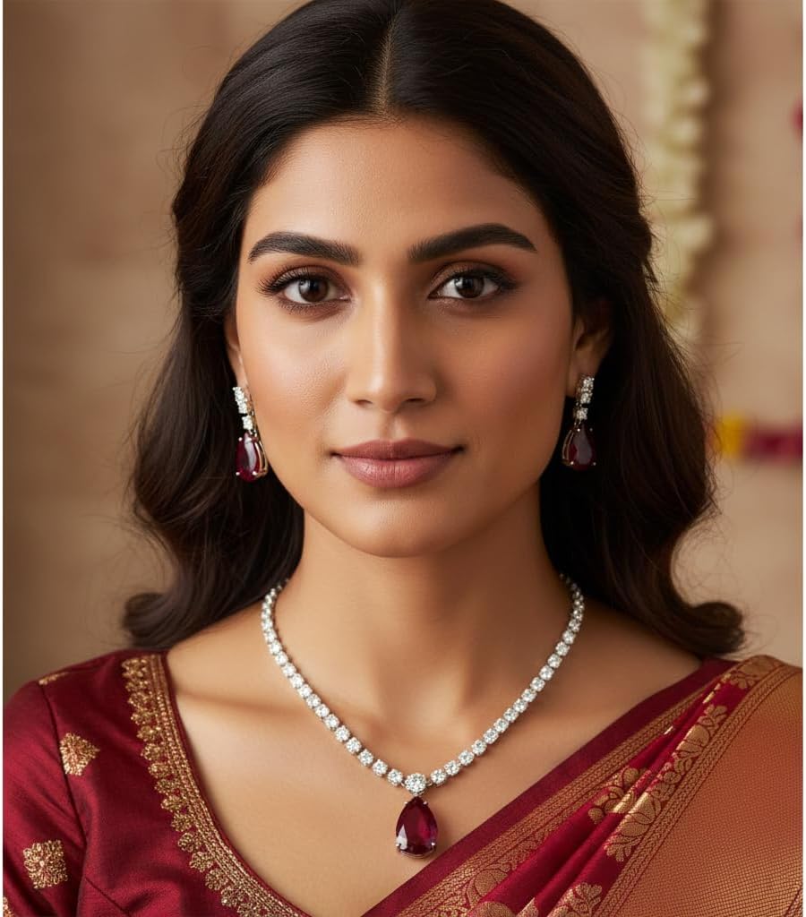 1400-Pretty Precious AD Necklace Set for Women | Rhodium Plated American Diamond Necklace & Earrings Set | Party, Wedding & Festive Jewellery-Ruby Colour