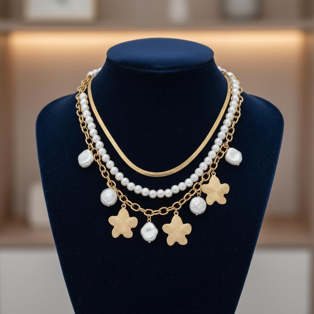 BC22533-Pretty Precious Layered Necklace Set, Gold, Pearl and Shell Charms, Multi-Strand Chain, Beach Ocean Theme