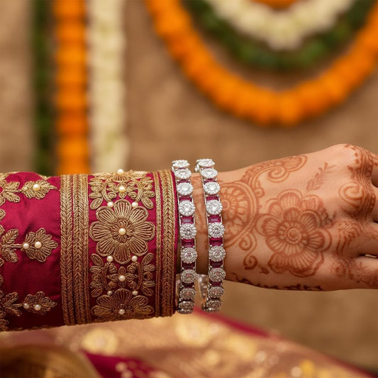 1466-Pretty Precious Rodhium-Plated Cubic Zirconia/American Diamond Traditional Bangles/Bracelet Set of 2 for Women and Girls -White (Size 2.6)