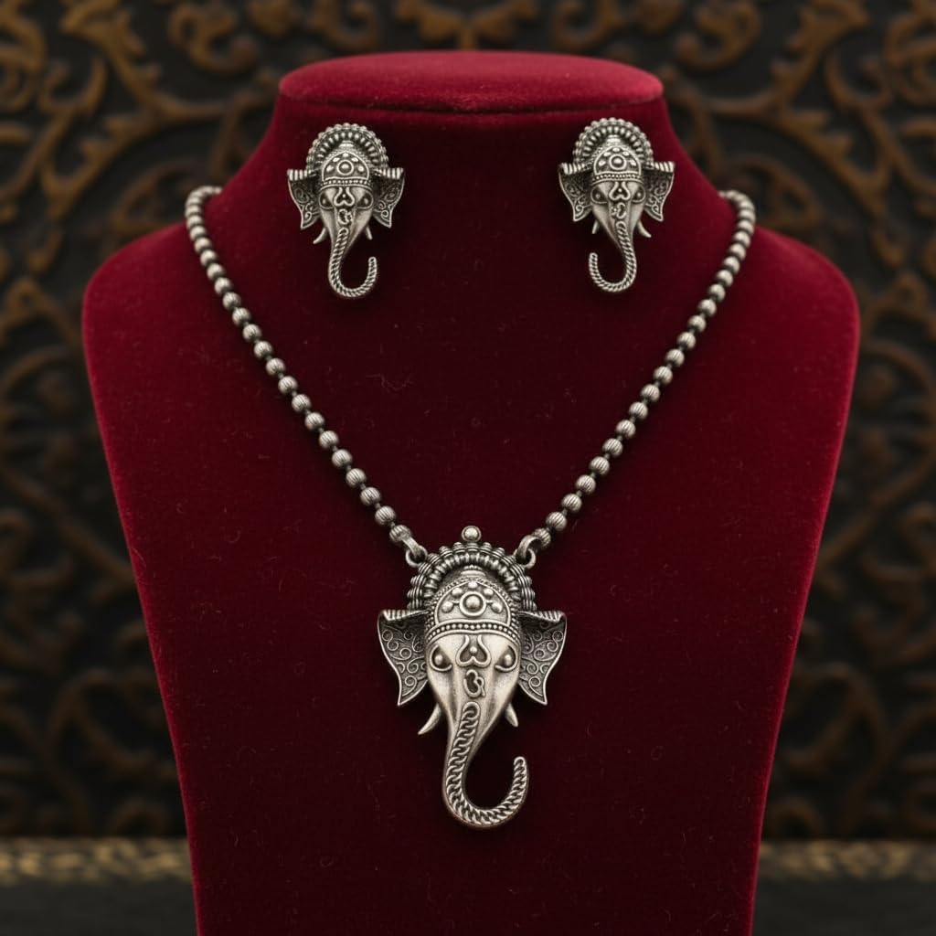 1564-Pretty Precious Latest Stylish Traditional Oxidised Silver Pendant Set for Women & Girls | Ethnic Necklace Jewellery Set for Festive & Casual Wear