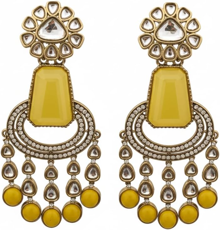 112467-Pretty Precious Traditional Kundan Earring Stylish Party Wear Earrings for Women and Girls-Mehndi Plating-Yellow