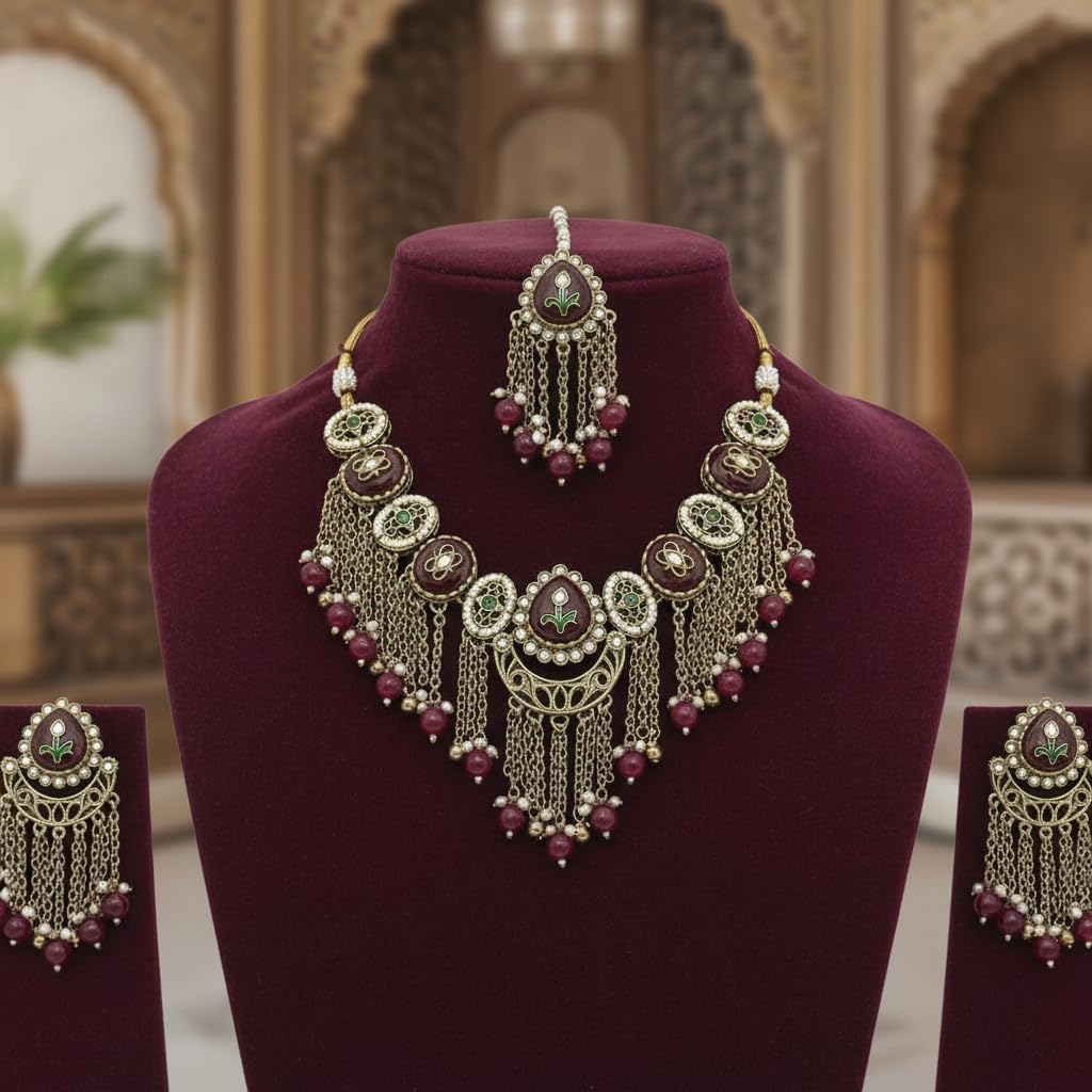 112800-Pretty Precious Kundan Necklace Set with Maang Tikka and Earrings for Women & Girls | Gold Plated Traditional Bridal Jewellery Set | Wedding, Festive & Party Wear-Rani