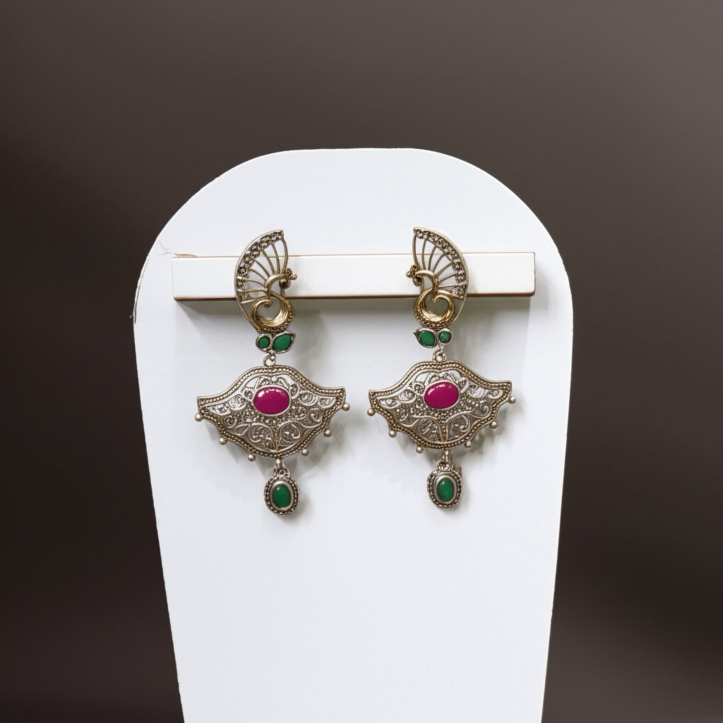 808915 Pretty Precious Fashion Oxidised Silver Stylish Party Wear Earrings for Women and Girls-Rubygreen