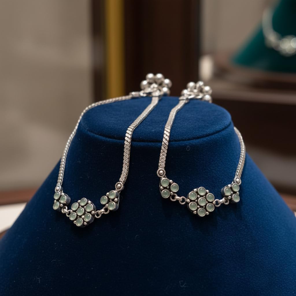 1516-Pretty Precious Oxidised Silver Anklet with Stone Embellishments, Twisted Chain Design, Decorative Clasp-Aqua Colour