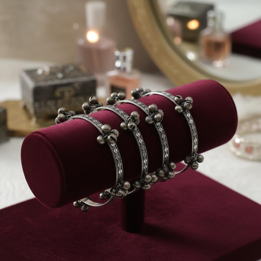 1511-Pretty Precious Oxidised Silver Bangles Set of 4, Traditional Indian Jewelry, Ghungroo Bell Charms, Ethnic Tribal Design, Size 2.4 & 2.6