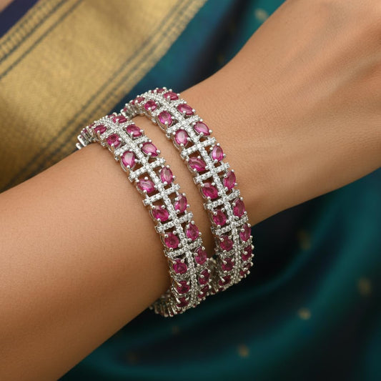 1463-Pretty Precious Rodhium-Plated Cubic Zirconia/American Diamond Traditional Bangles/Bracelet Set of 2 for Women and Girls -Ruby (Size 2.6)