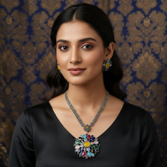 1545-Pretty Precious Latest Stylish Traditional Oxidised Silver Necklace Jewellery Set for Women | Antique Finish Ethnic Necklace with Matching Earrings | Festive & Party Wear-Multi Colour