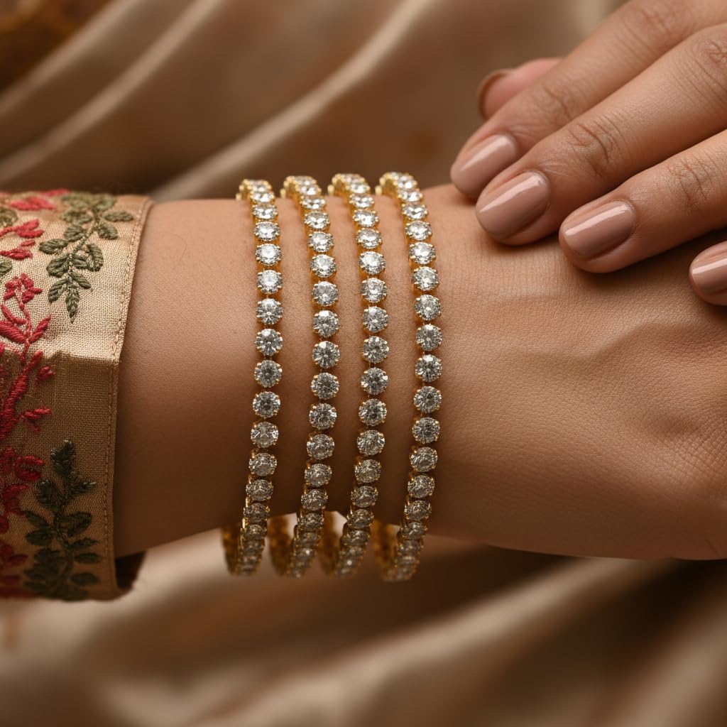 1480-Pretty Precious Two Tone Cubic Zirconia/American Diamond Traditional Bangles/Bracelet Set of 4 for Women and Girls- (Size 2.6)