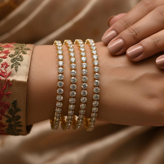 1480-Pretty Precious Two Tone Cubic Zirconia/American Diamond Traditional Bangles/Bracelet Set of 4 for Women and Girls- (Size 2.6)