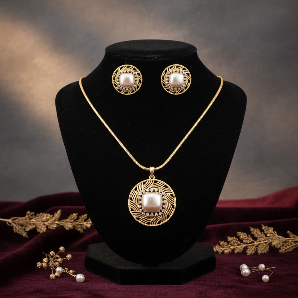 1389-Pretty Precious AD Two Tone Pendant Set for Women | American Diamond Pendant with Earrings & Chain | Elegant Party, Wedding & Daily Wear Jewellery-Pearl (Moti)