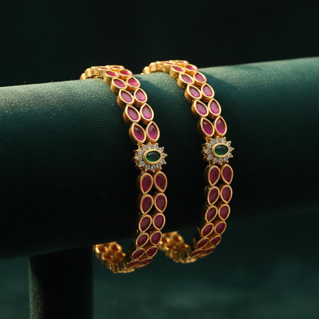 1494-Pretty Precious Gold Plated Cubic Zirconia/American Diamond Traditional Bangles/Bracelet Set of 2 for Women and Girls- Ruby Green (Size 2.6)