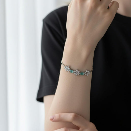 1364-Pretty Precious Adjustable chain Bracelet Cubic Zircon/American Diamond Rohdium Plated for Women and Girls-Mint colour