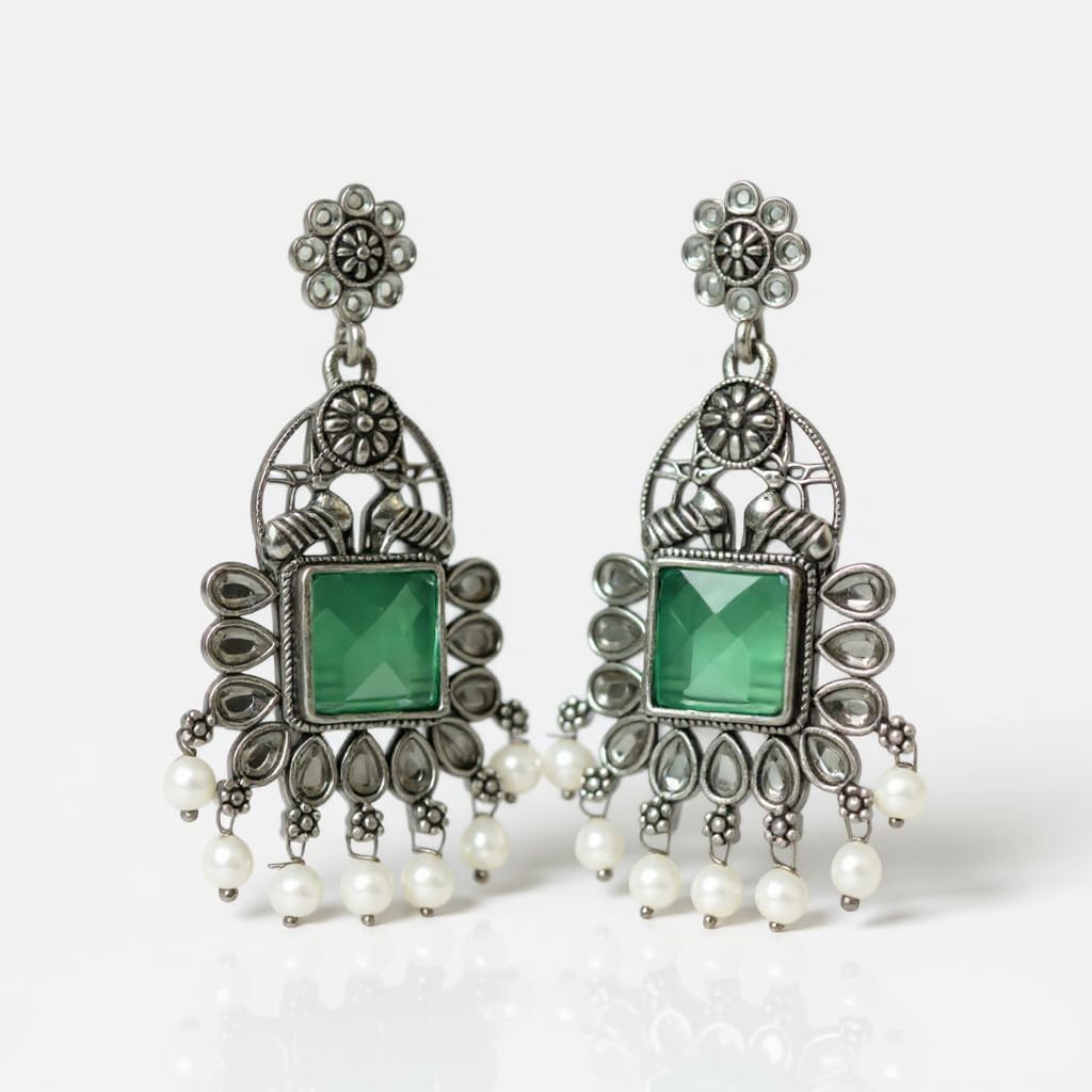 1347-Pretty Precious Oxidised Silver Stylish Party Wear Earrings for Women and Girls-Mint Colour