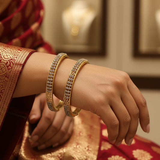 1473-Pretty Precious Two Tone Cubic Zirconia/American Diamond Traditional Bangles/Bracelet Set of 2 for Women and Girls- (Size 2.8)