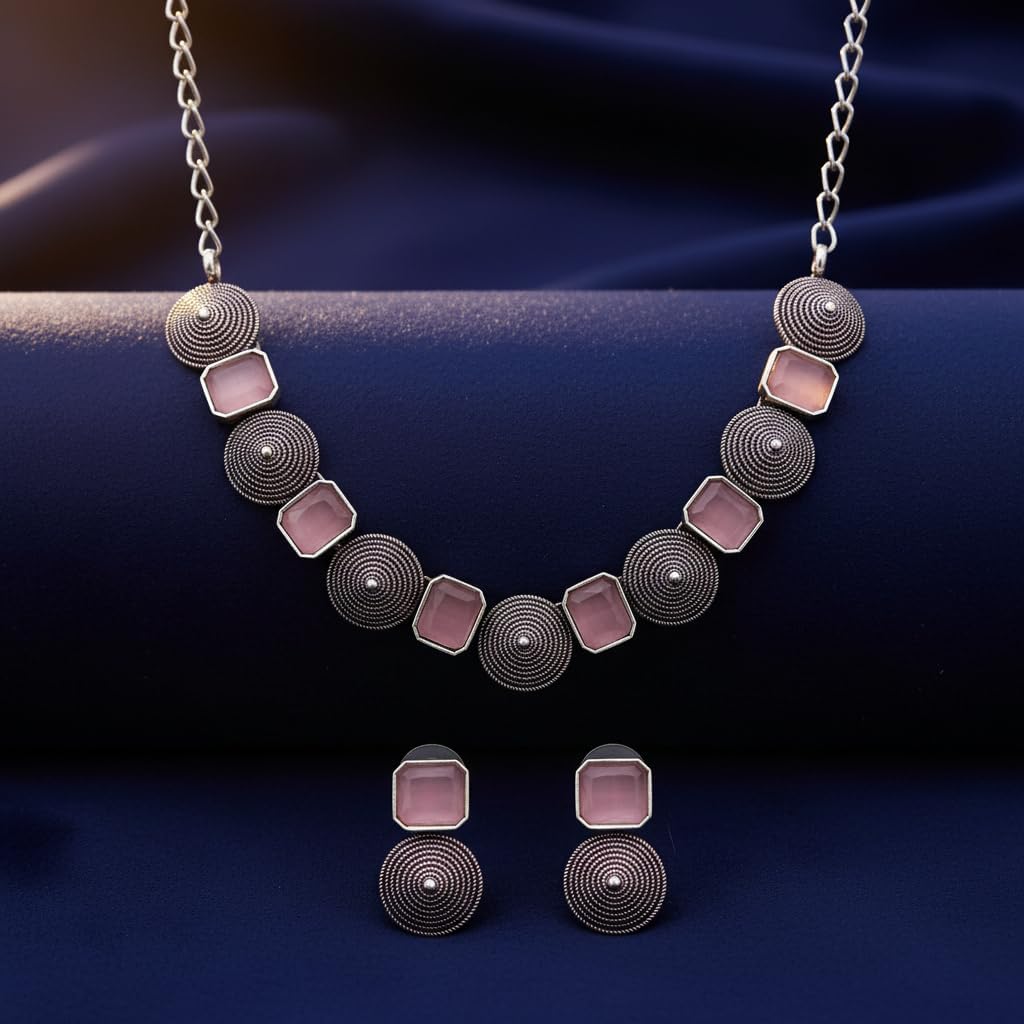 801221-Pretty Precious Latest Stylish Traditional Oxidised Silver Necklace Jewellery Set for Women | Antique Finish Ethnic Necklace with Matching Earrings | Festive & Party Wear-Pink Colour