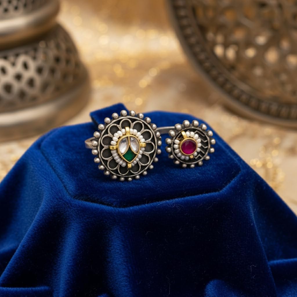1542-Pretty Precious Dual Floral Ring, Oxidized Silver with Gold Accents, Green and Pink Stones, Pearl Detailing, Traditional Indian Design