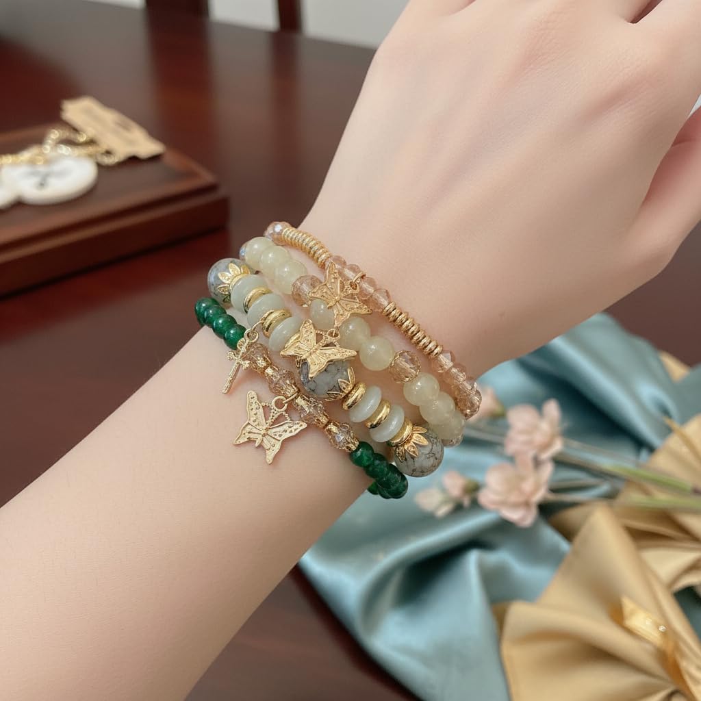 BC26155-Pretty Precious Boho Stackable Beaded Bracelet Set – Elastic Bracelets for Women – Coastal Inspired – Adjustable Handmade Beaded Bracelet (4-Piece Set)-Assorted Colour (Green)