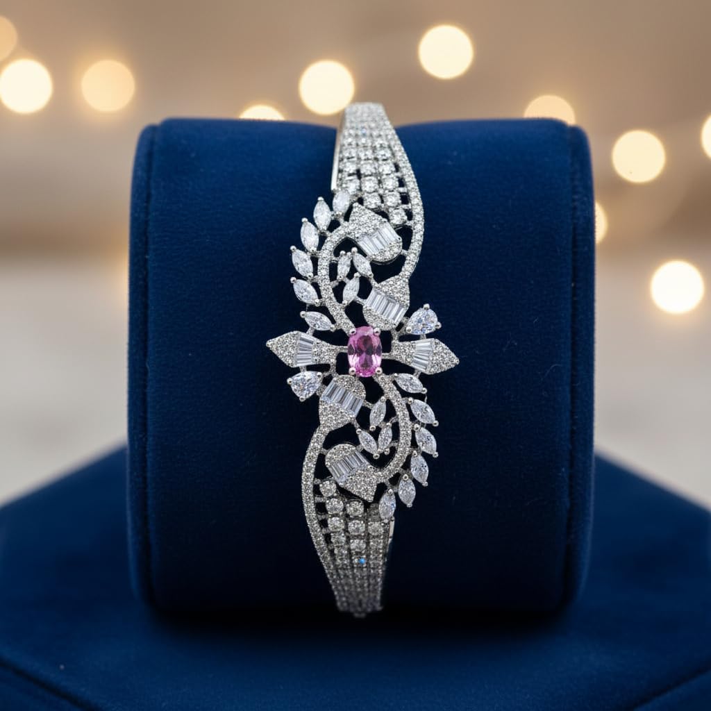 1408-Pretty Precious Rhodium Plated American Diamond Openable Kada Bracelet for Women, Cubic Zirconia, Alloy Steel-Pink