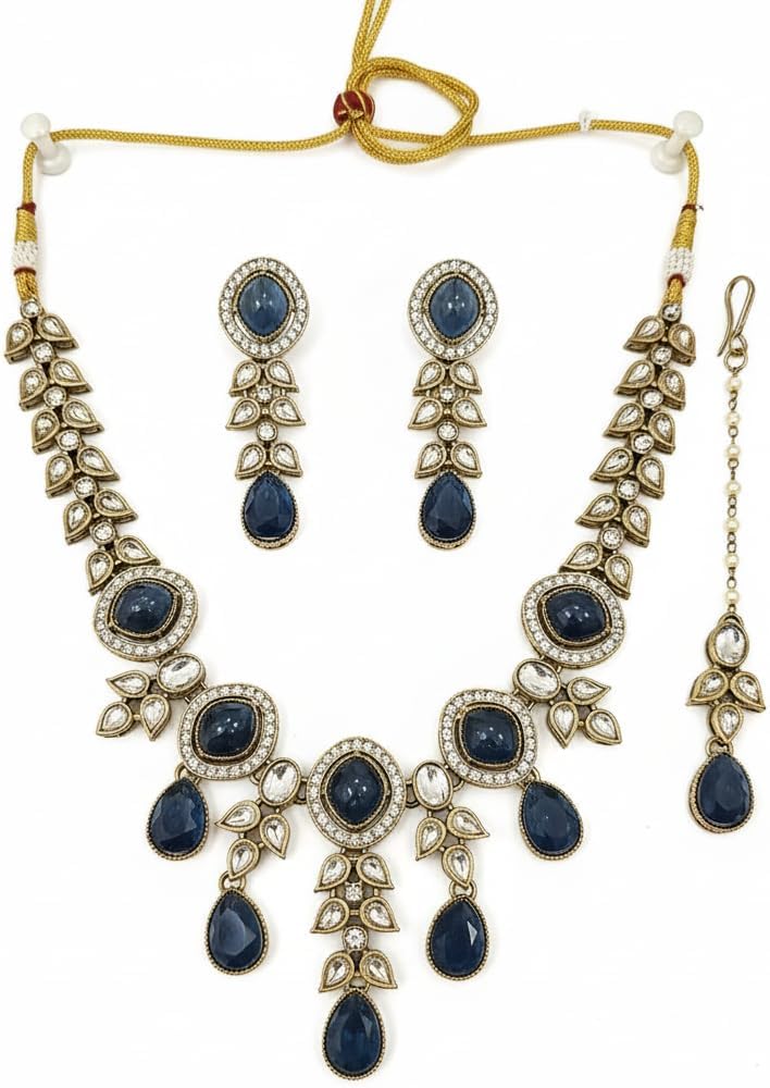 112503-Pretty Precious Kundan Necklace Set with Maang Tikka and Earrings for Women & Girls | Gold Plated Traditional Bridal Jewellery Set | Wedding, Festive & Party Wear-Blue Colour