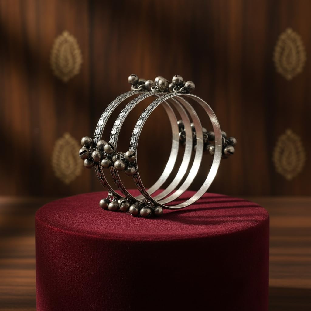 1511-Pretty Precious Oxidised Silver Bangles Set of 4, Traditional Indian Jewelry, Ghungroo Bell Charms, Ethnic Tribal Design, Size 2.4 & 2.6