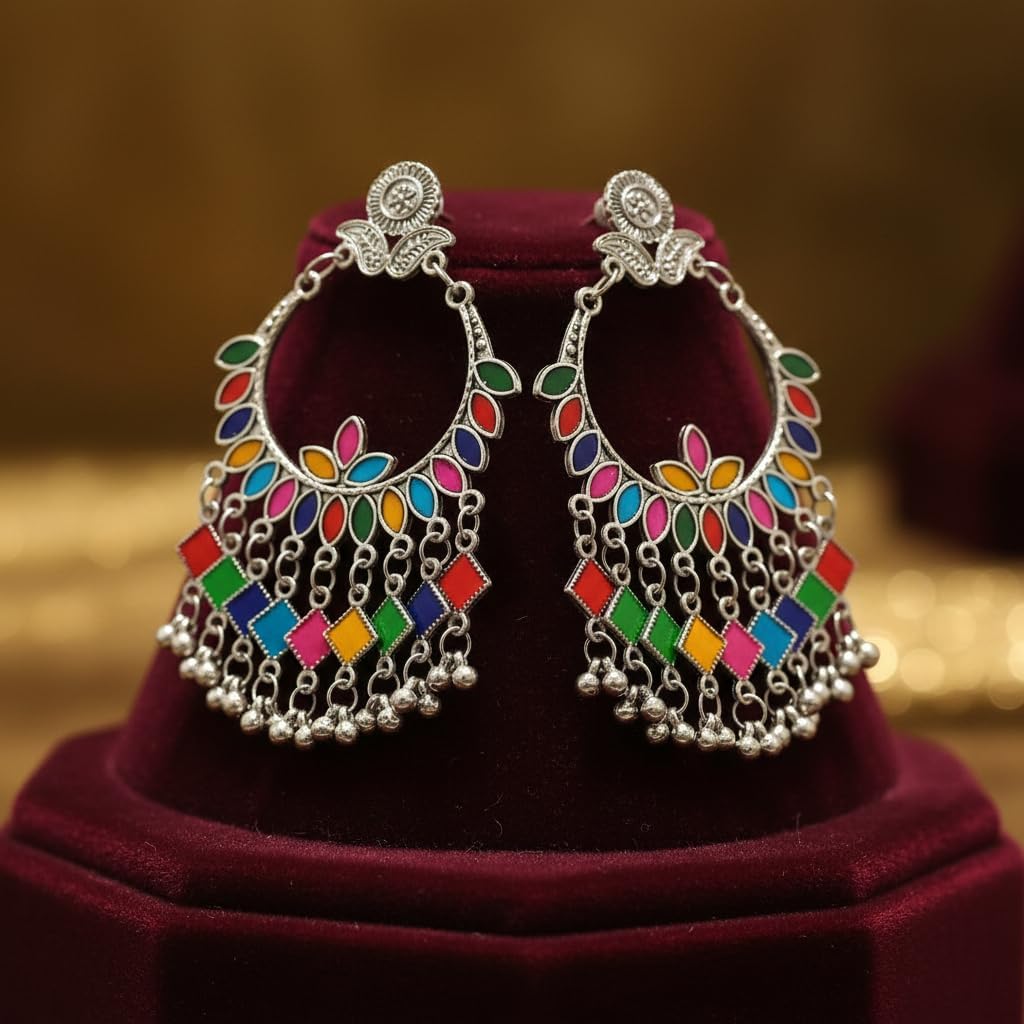 1526-Pretty Precious Oxidised Silver Stylish Party Wear Earrings for Women and Girls-Multicolour